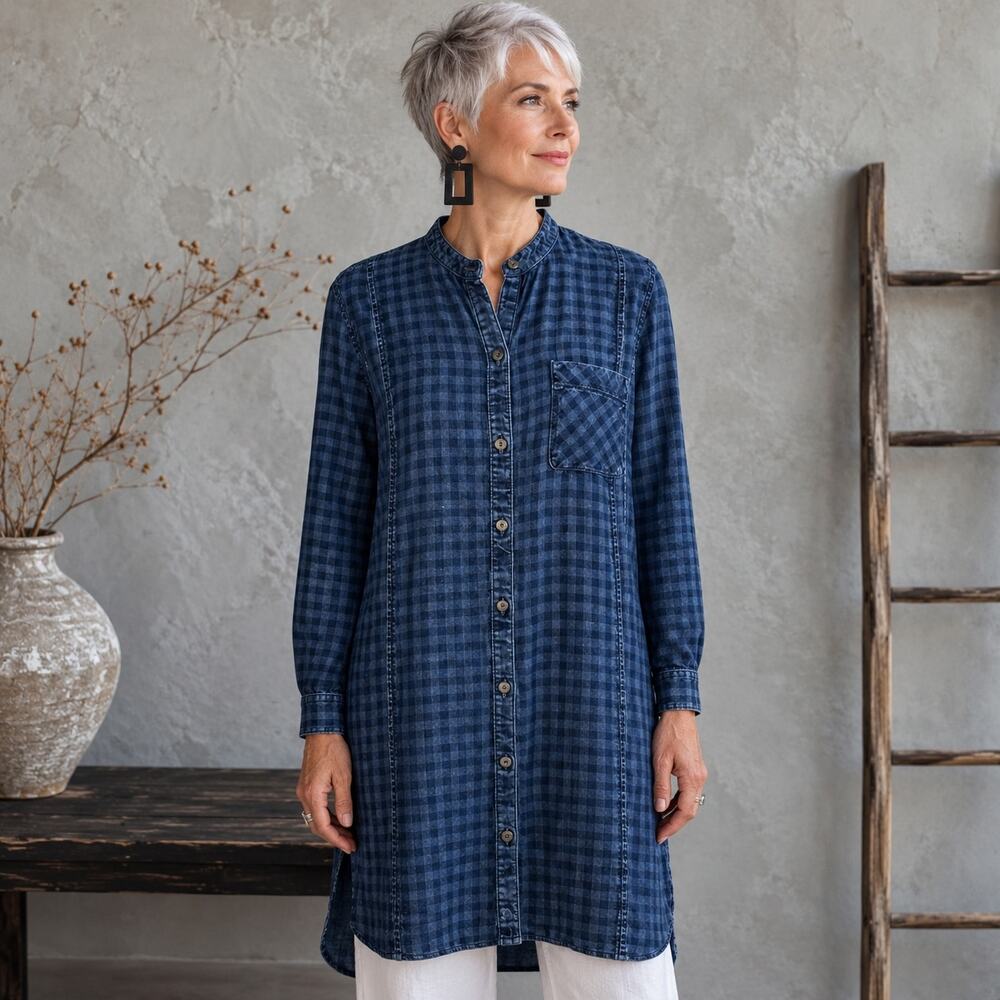 J Jill Denim Check Print Shirt Dress Medium